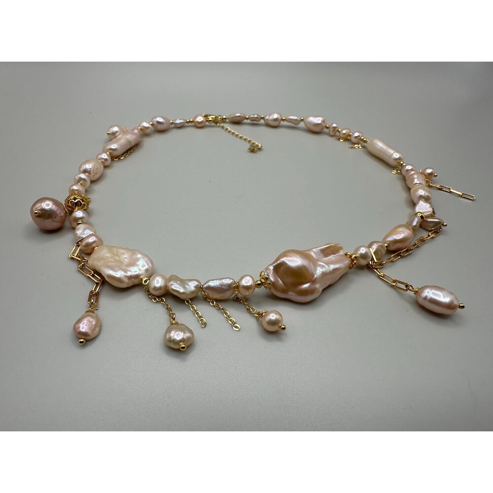 Mixed Baroque Pearl &Chains Necklace, Unique Freshwater Keshi Pearls, Gold Plate